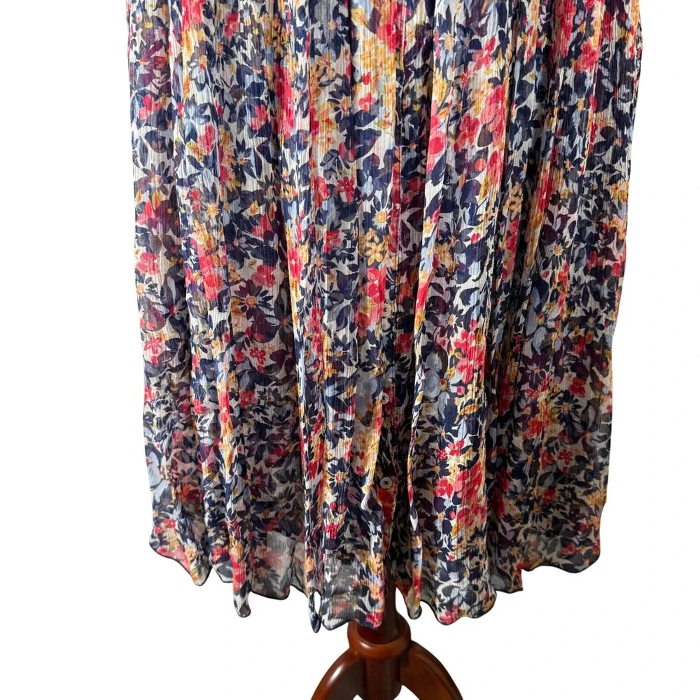 Sundance Floral Cupro Midi Dress Blue Red‎ Smocked Waist Short Sleeve Womens L